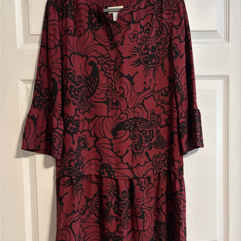LOFT Maroon and Black Patterned Long Sleeve Dress